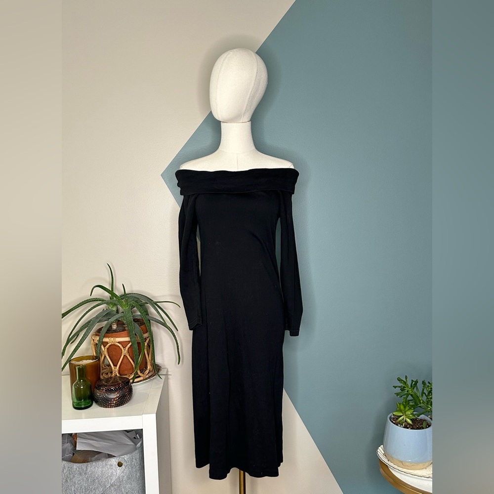 Vintage Forenza Italy Black Off Shoulder Knit Dress Women’s M Cotton 3/4 Sleeve - Picture 2 of 14